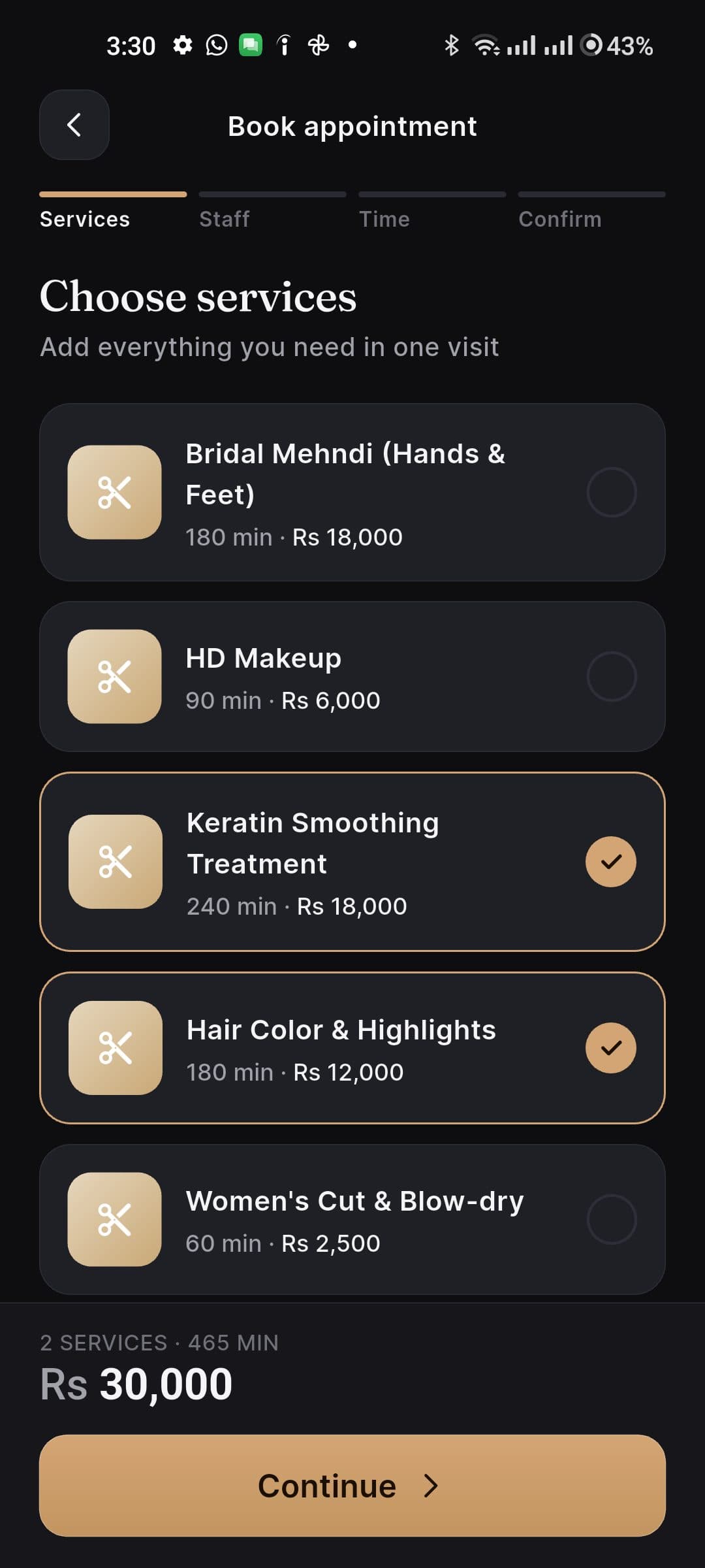 Kaloon booking flow showing selected services with running price and duration