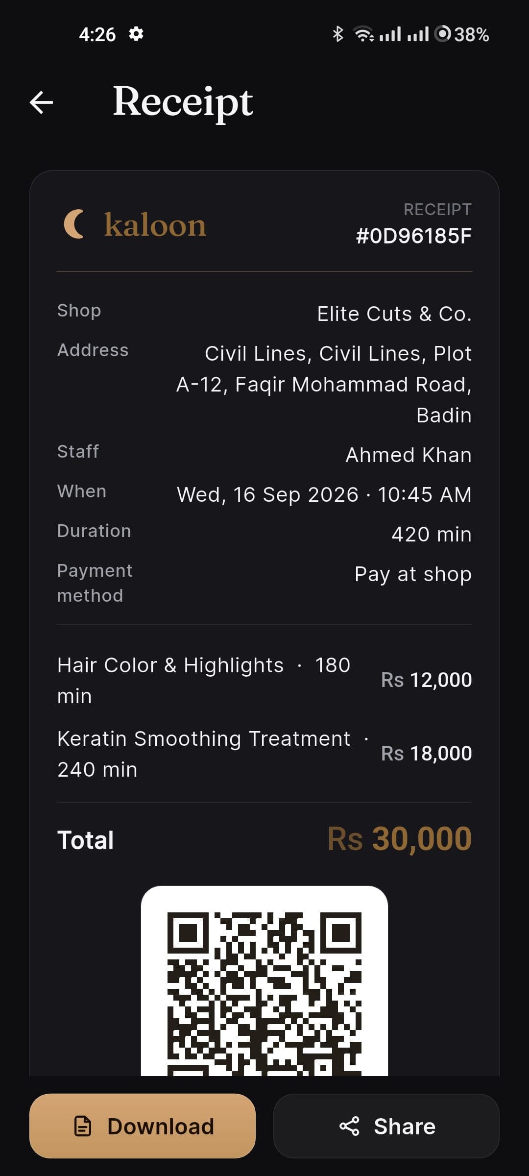 Kaloon booking receipt with itemized services, total and a scannable QR code
