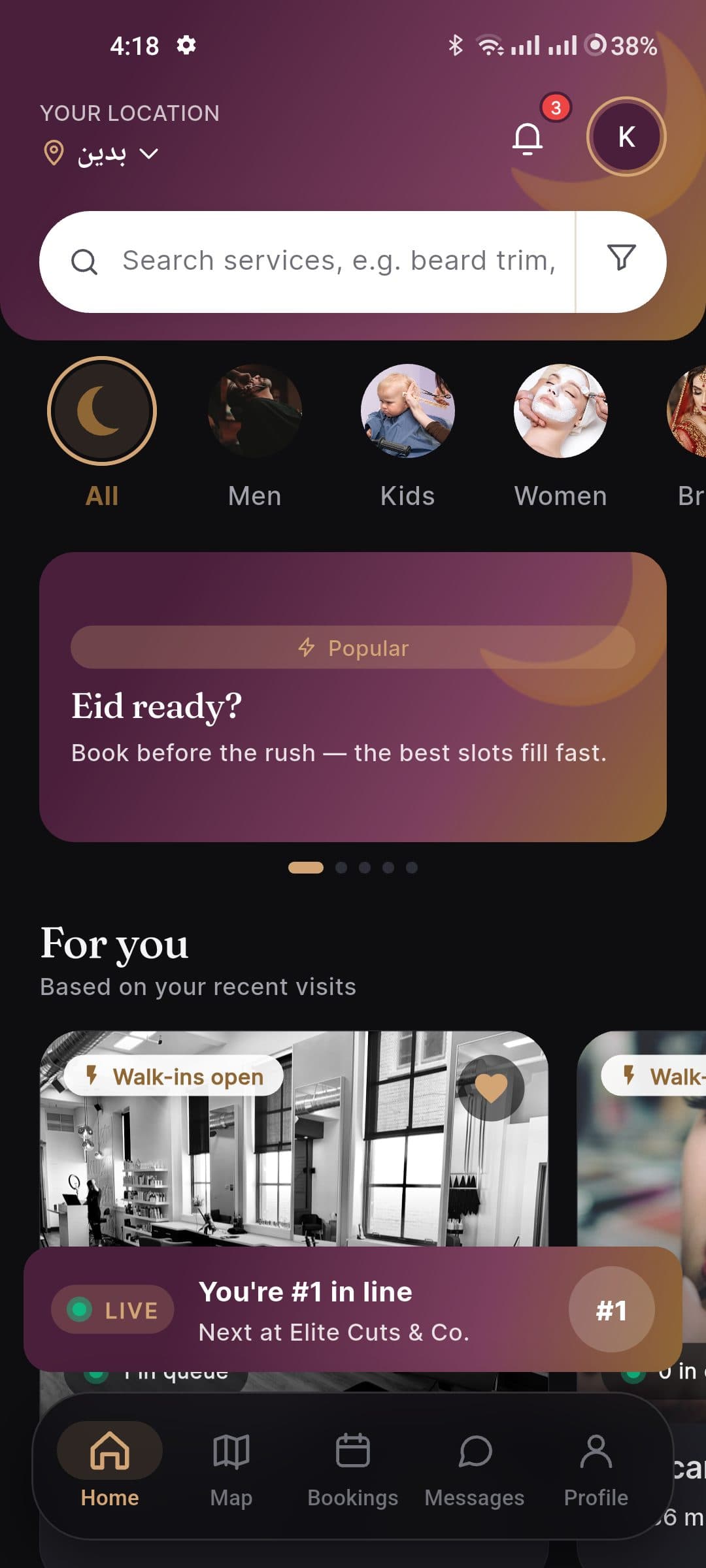 Kaloon home screen with nearby shops, live queue counts and a search bar