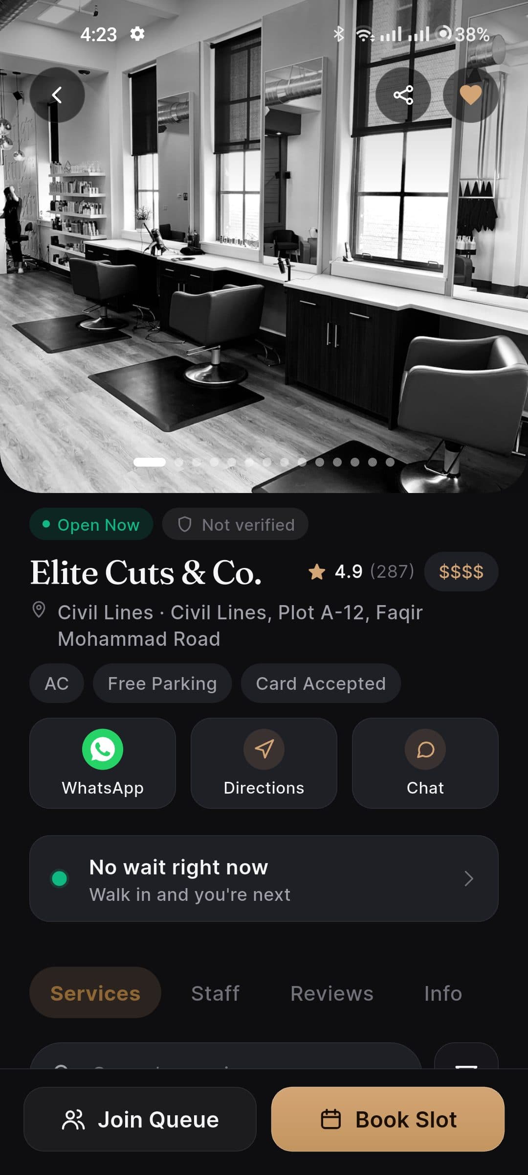 Kaloon shop profile for Elite Cuts & Co. with rating, amenities and a live queue banner